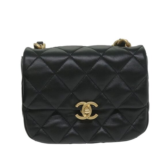 CHANEL Matelasse Turn Lock Chain Shoulder Bag Lamb Skin Black CC Auth ar11105AM - Picture 14 of 16